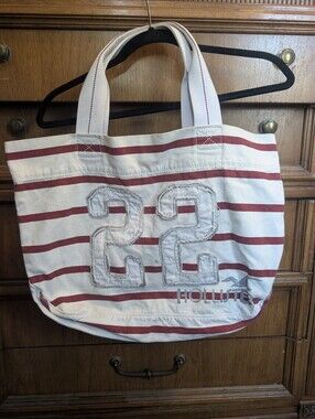 y2k Hollister White and Red Striped Canvas Tote with Stitched '22'